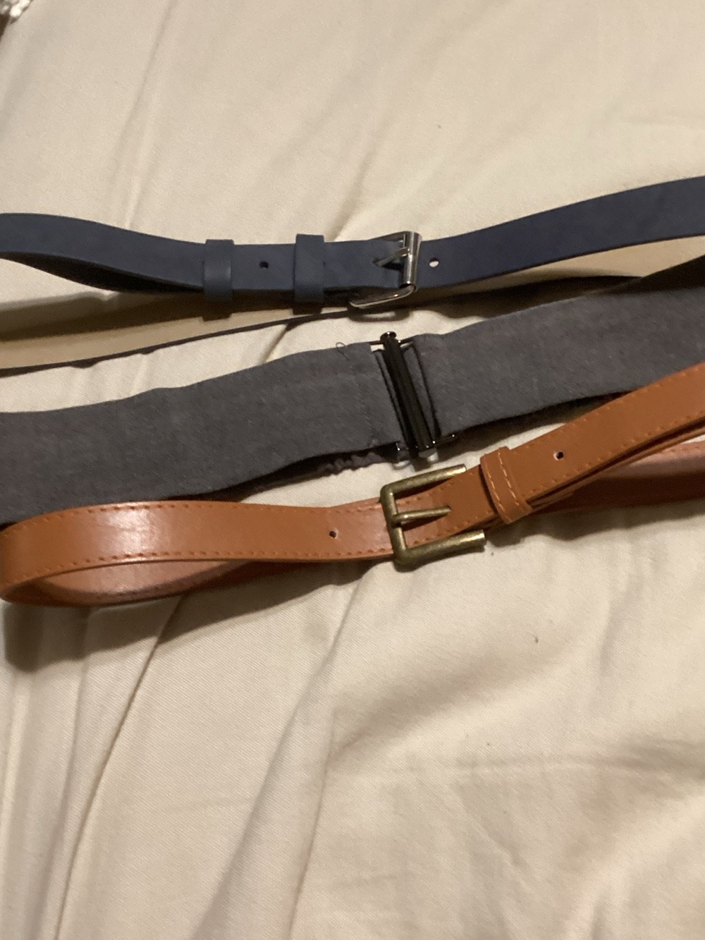 Three-Piece Women’s Belt Set — Navy, Gray, and Brown